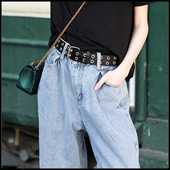 Faux Leather Grommet Studded Belt with Double Holes main image 4
